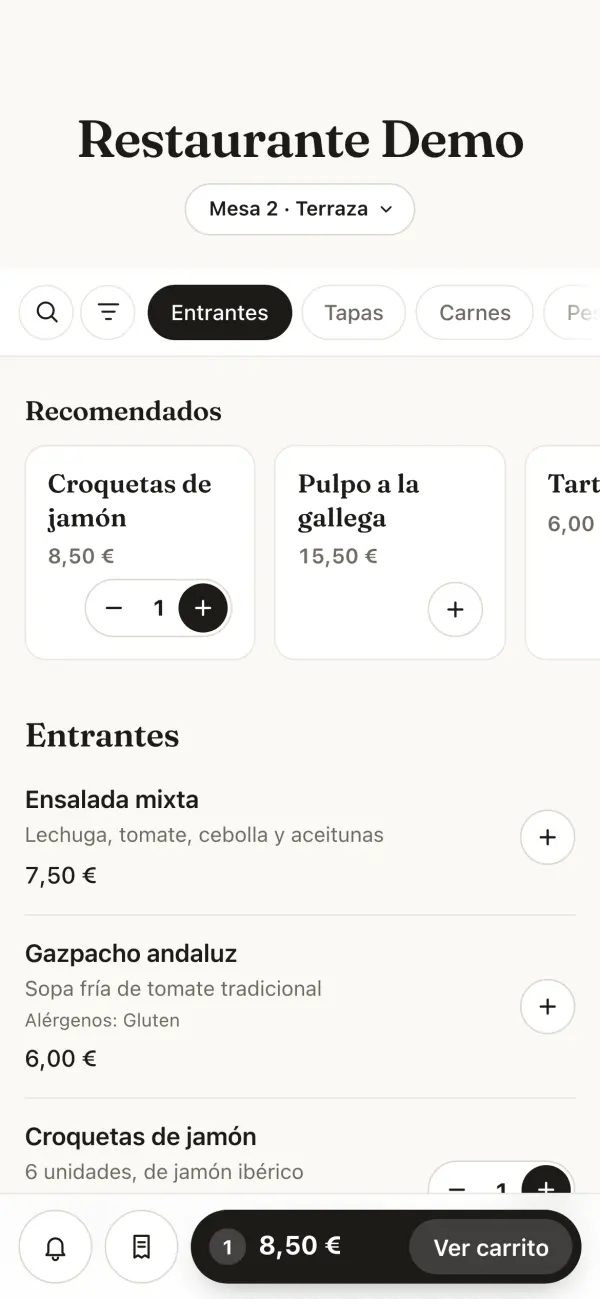 La carta por QR de la Mesa 2 con el tema que muestran los colores: cabecera, categorías, recomendados y el carrito con 8,50&nbsp;€.