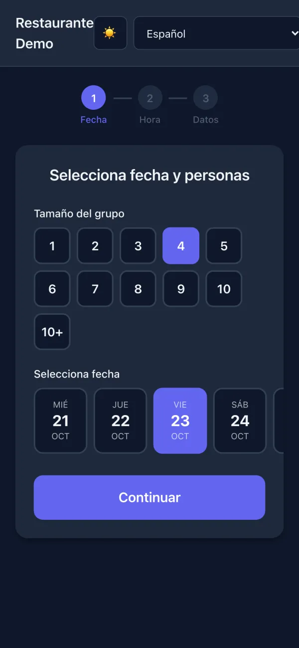 Step 1 of the form: the size of the group, 4 guests, and the date, Friday 23 October.