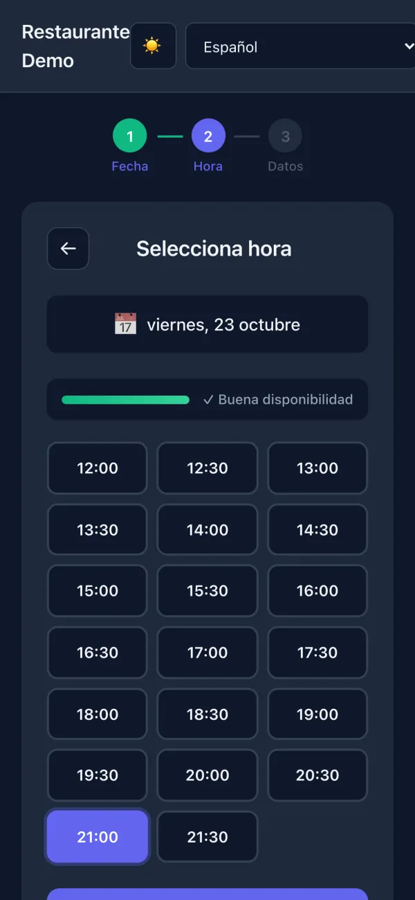 Mesero's booking form on a phone (Spanish interface): Friday 23 October, with good availability, the times from 12:00 to 21:30 and 21:00 picked.