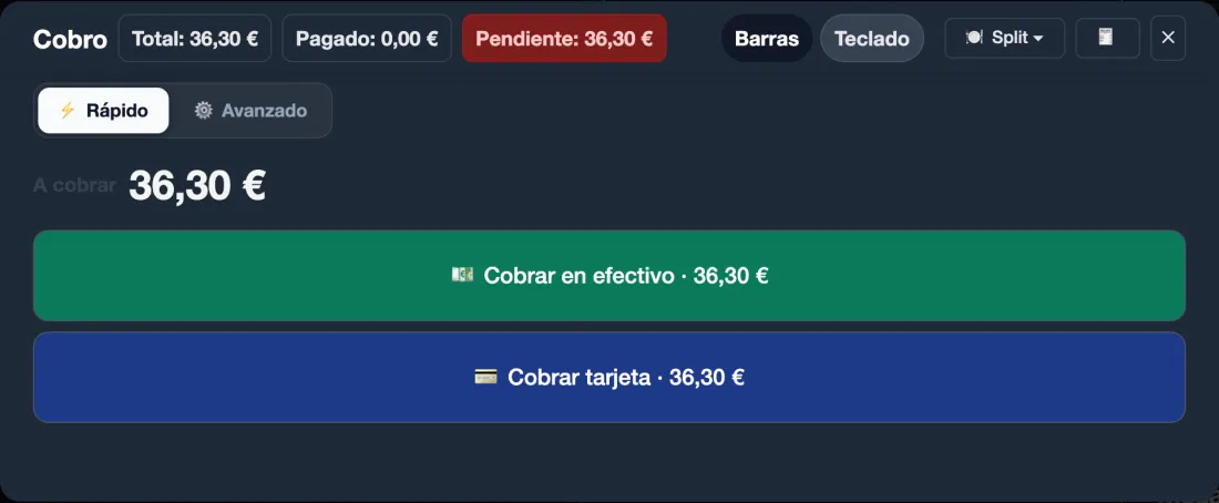 Payment in Quick mode: total €36.30, paid €0.00, pending €36.30, and the buttons to charge cash or card.