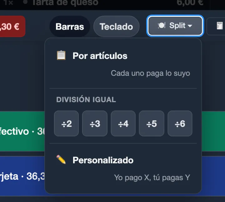 The split-bill menu: by items, an equal split from 2 to 6, and custom.