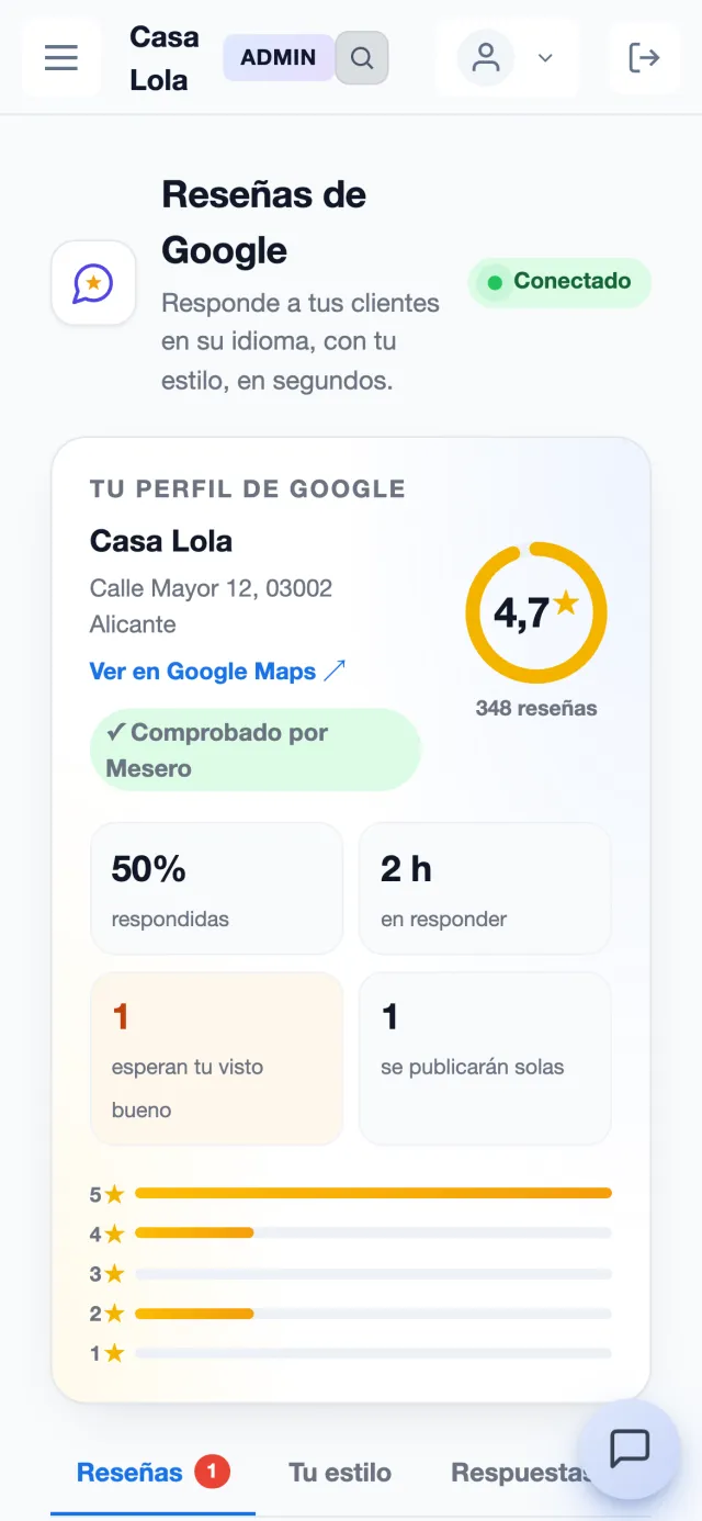 Mesero's Google reviews on a phone (Spanish interface): the average rating, the reviews answered and the ones waiting for the owner.